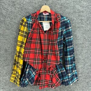 New JJ's Fairyland Blouse Women S Small Blue Plaid V-Neck Long Sleeve Cotton